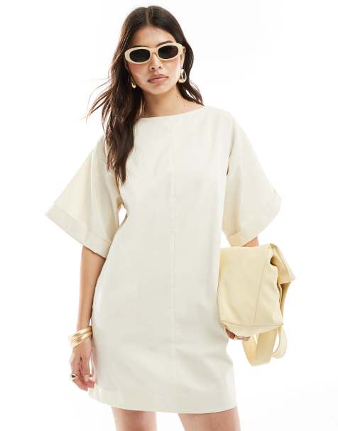 ASOS DESIGN twill boxy t-shirt mini dress in cream - view 1