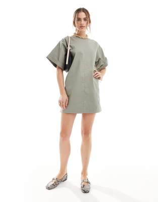 Asos Design Twill Boxy T-shirt Mini Dress In Green