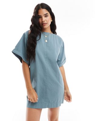 Asos Design Twill Boxy T-shirt Mini Dress In Mid Blue