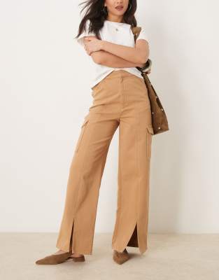 Asos Design Twill Cargo Pants With Front Slits In Camel-neutral