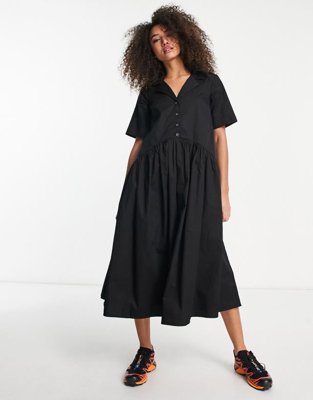 ASOS DESIGN twill collared button midi smock dress in black