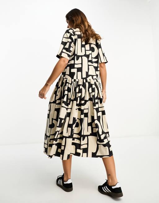 ASOS DESIGN twill collared button midi smock dress in mono abstract print, 3 of 4