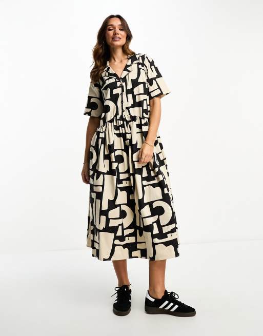 ASOS DESIGN twill collared button midi smock dress in mono abstract print, 4 of 4