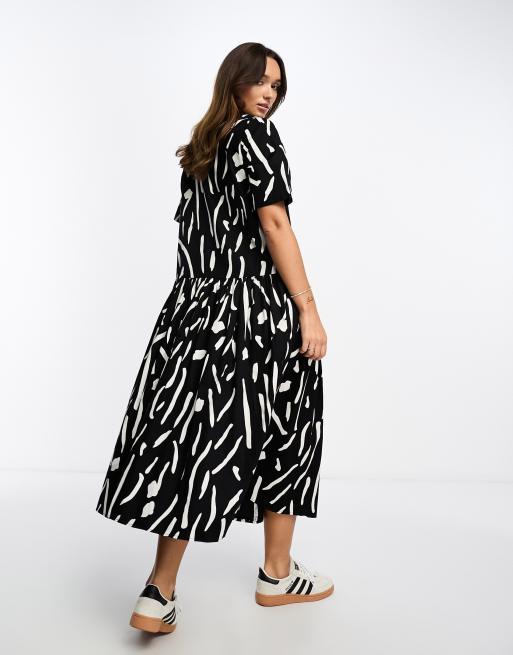 ASOS DESIGN twill collared button midi smock dress in mono blur print, 3 of 4