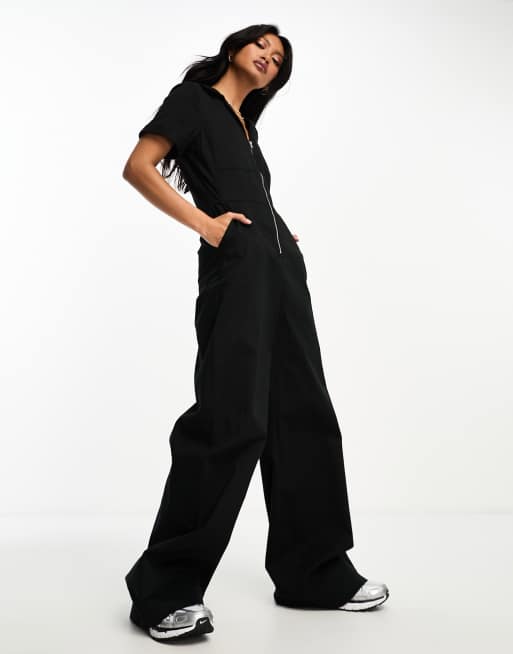 ASOS DESIGN twill collared jumpsuit with wide leg in black