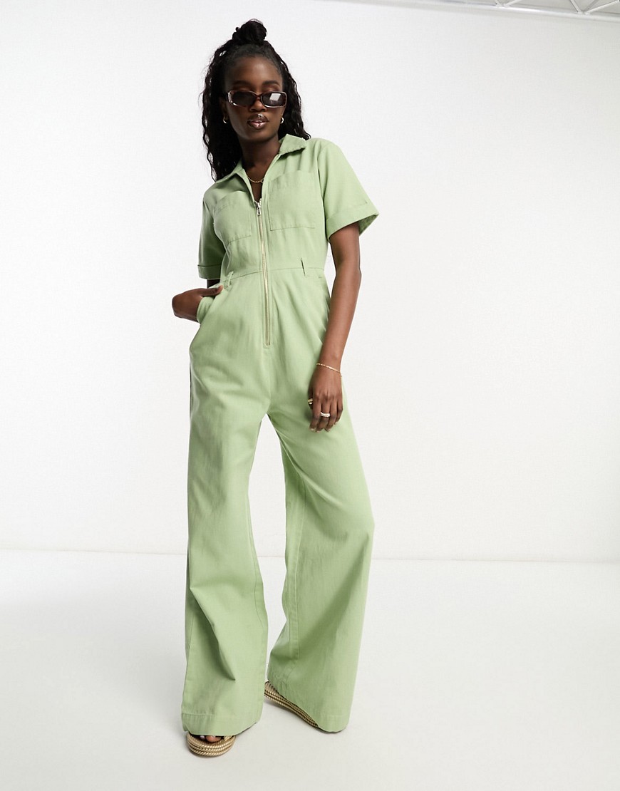 Asos Design Twill Collared Jumpsuit With Wide Leg In Sage-green