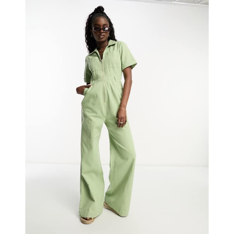 ASOS DESIGN twill collared jumpsuit with wide leg in sage