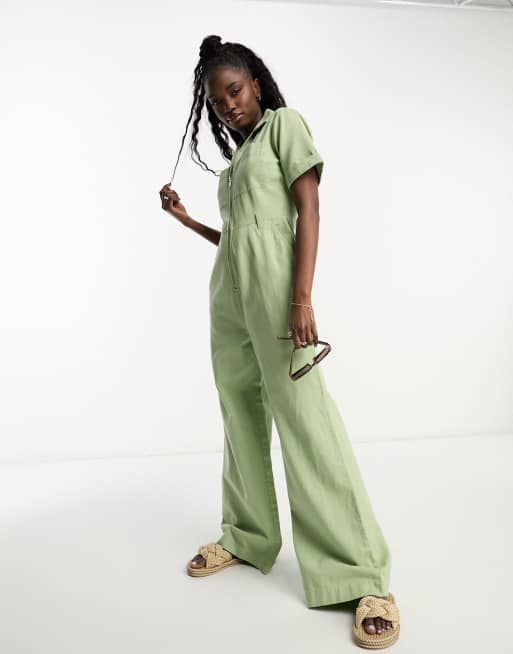 Wide-leg Twill Pants - Sage green - Ladies