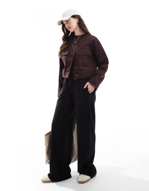 ASOS DESIGN twill collarless jacket in chocolate | ASOS