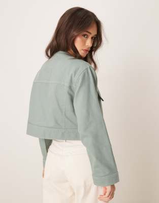 Asos Design Twill Collarless Jacket In Neutral
