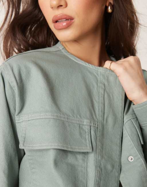 ASOS DESIGN twill collarless jacket in green | ASOS