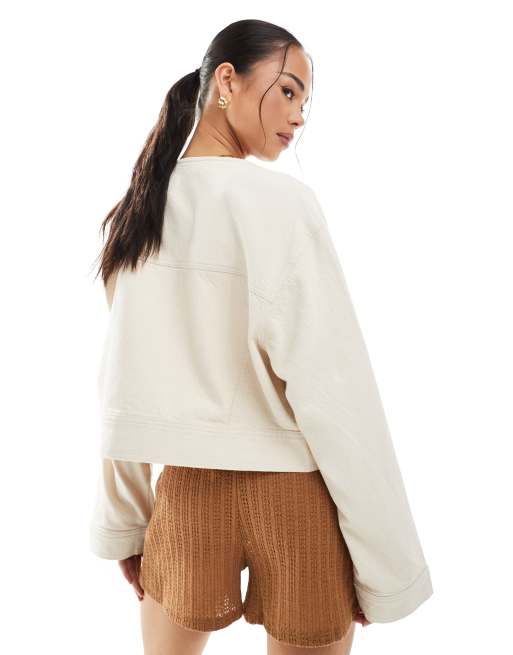ASOS DESIGN twill collarless jacket in oatmeal