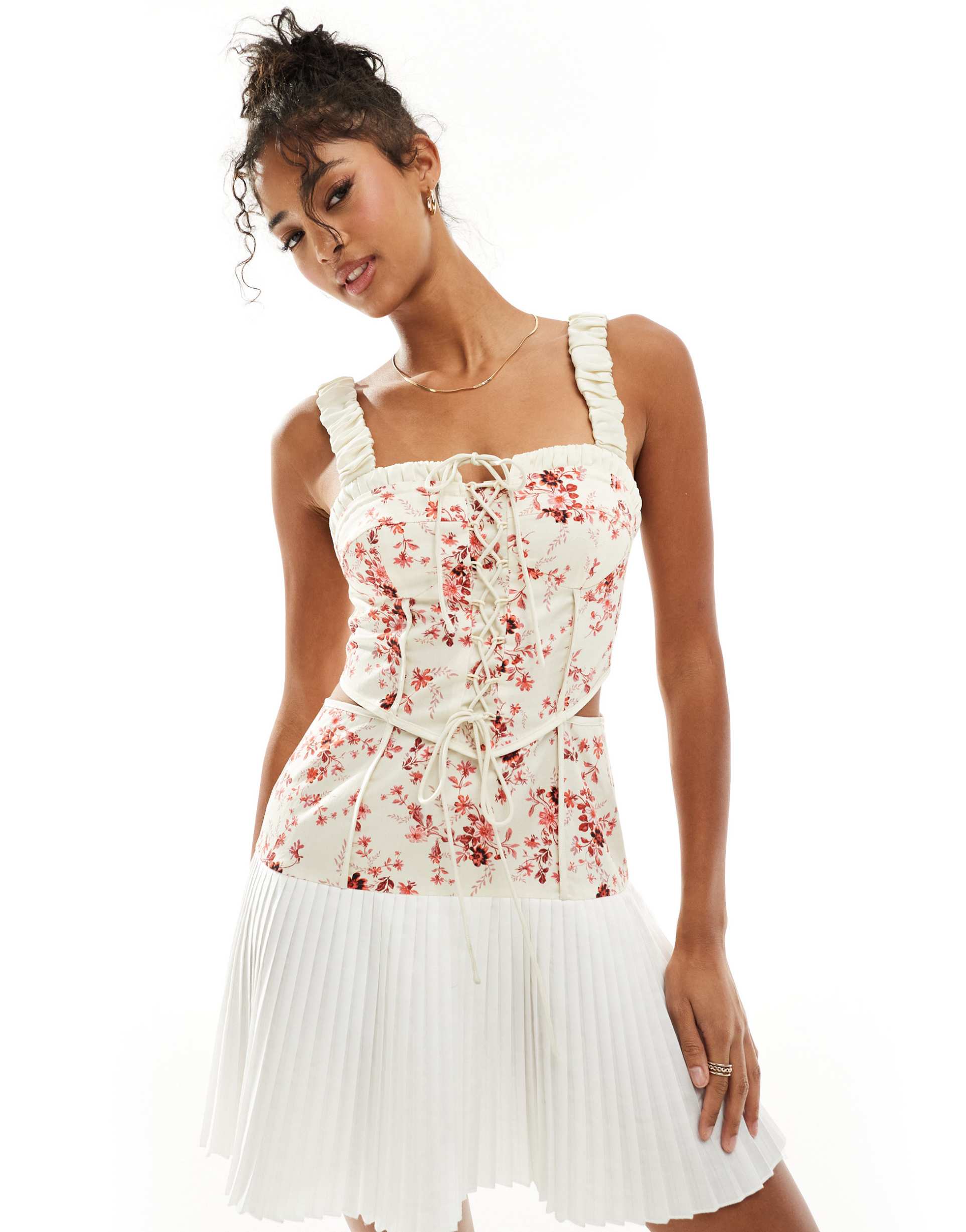 asos design twill corset mini dress with lace up & pleated skirt in pink floral print