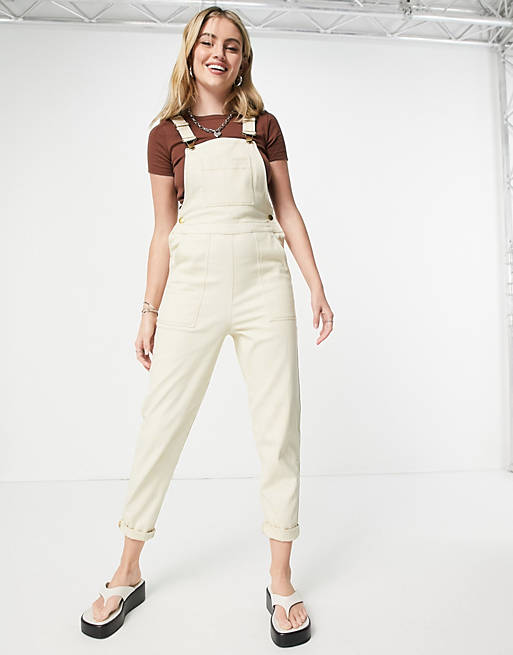 Women twill dungarees with pockets in cream 