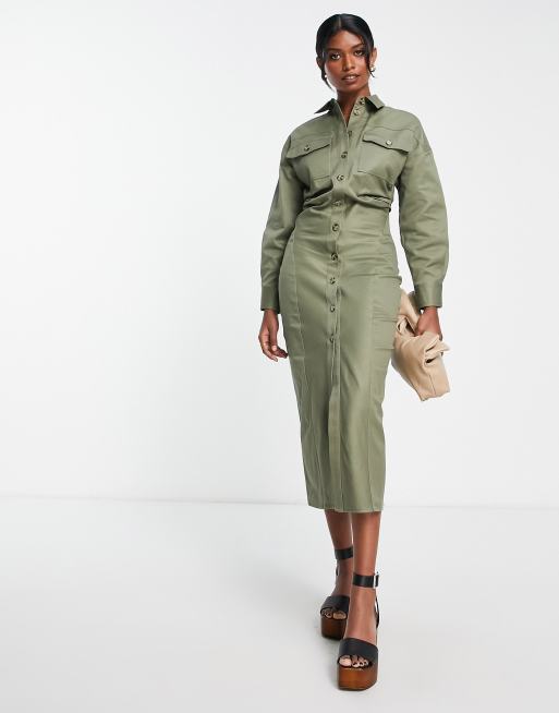 Khaki shirt hot sale dress midi