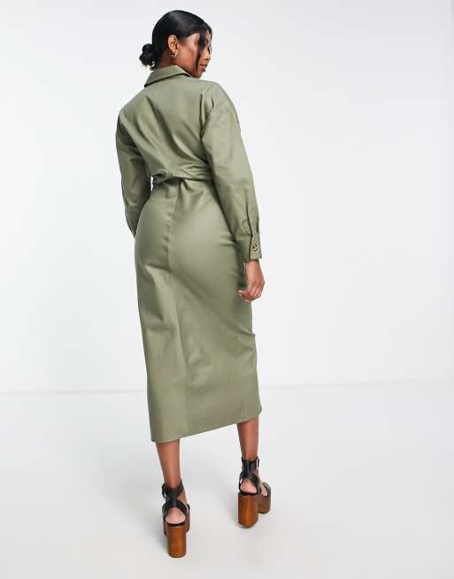 ASOS DESIGN twill fitted midi shirt dress in khaki