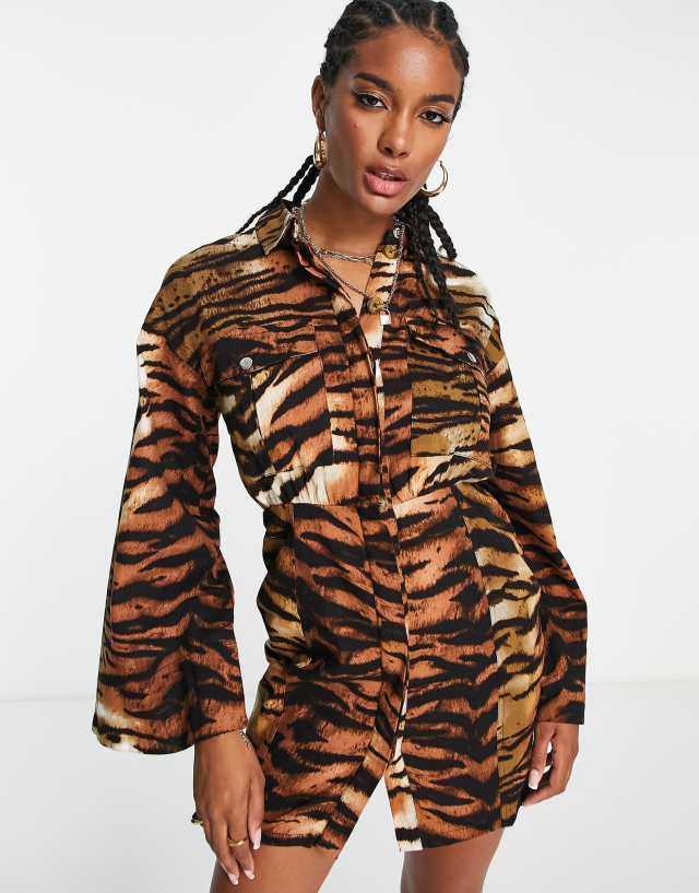 ASOS DESIGN twill flare sleeve mini shirt dress in animal print