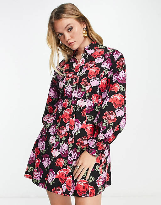 ASOS DESIGN twill flippy mini shirt dress in rose print | ASOS