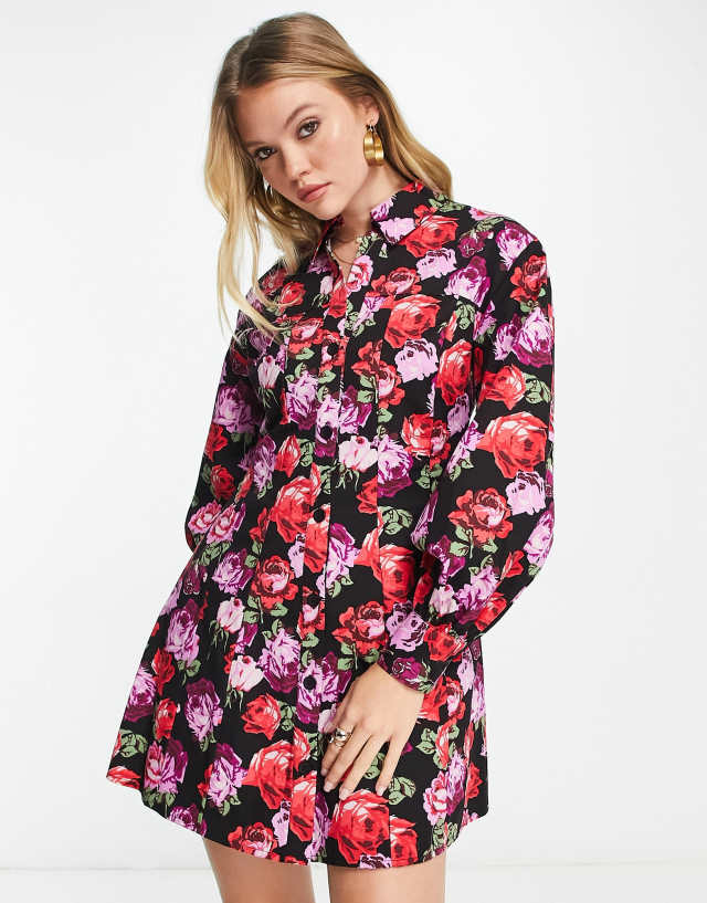 ASOS DESIGN twill flippy mini shirt dress in rose print