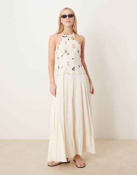 ASOS DESIGN twill folk embroidered hybrid maxi dress in stone - view 1