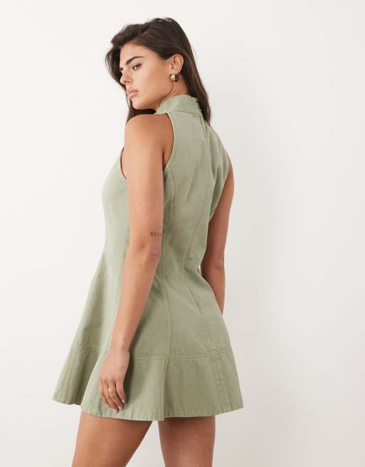 ASOS DESIGN twill funnel neck seamed mini dress in washed olive, 4 of 4