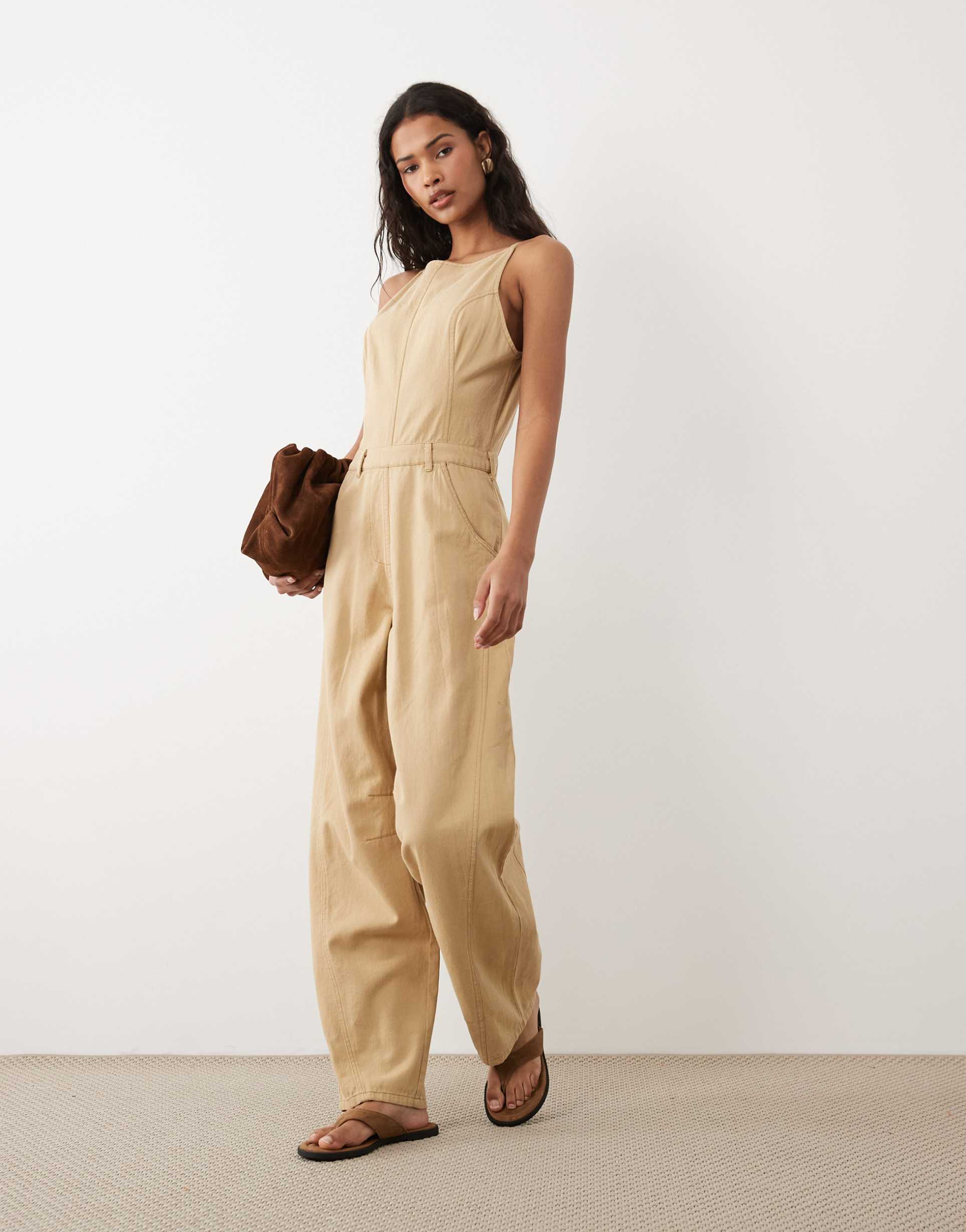 asos design twill jumpsuit with seam details in washed stone