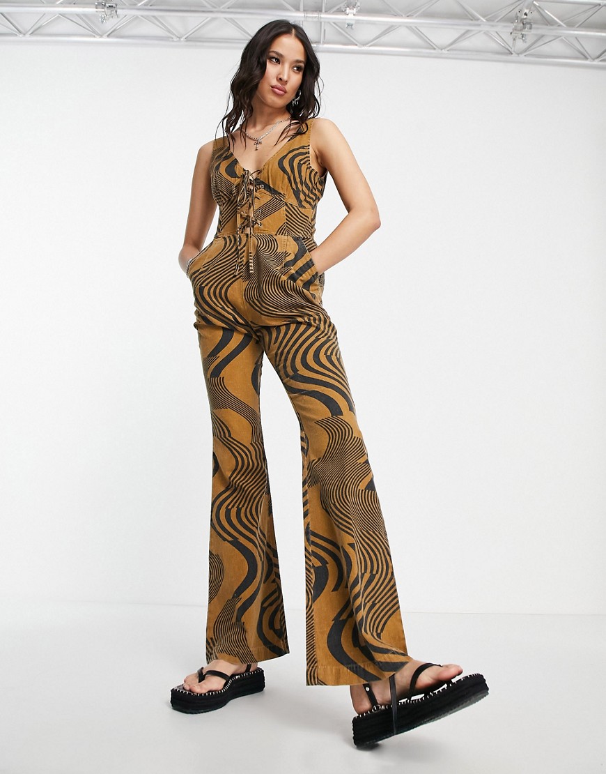 ASOS DESIGN twill lace up front jumpsuit in swirl print-Multi