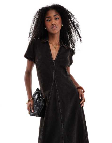 ASOS DESIGN – Twill-Maxikleid in schwarzer Acid-Waschung mit V-Ausschnitt, Kragen und Puffärmeln - view 1