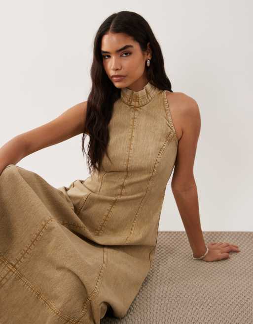 ASOS DESIGN twill med ståkrave, sømme og maxikjole i vasket stone, 2 af 4