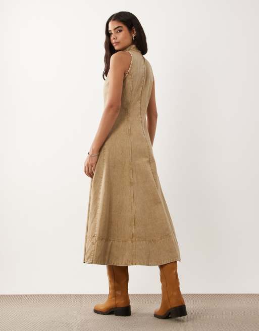 ASOS DESIGN twill med ståkrave, sømme og maxikjole i vasket stone, 4 af 4
