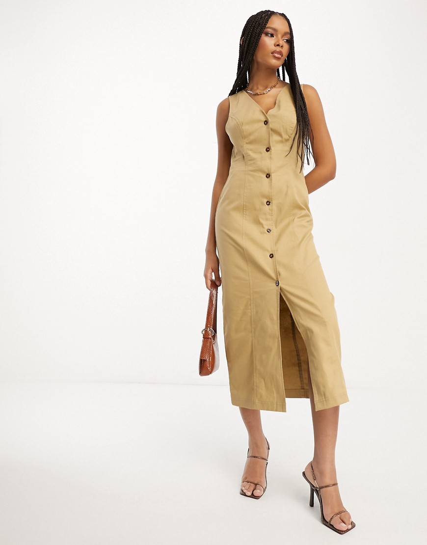 ASOS DESIGN twill midi dress with button through in camel-Brown