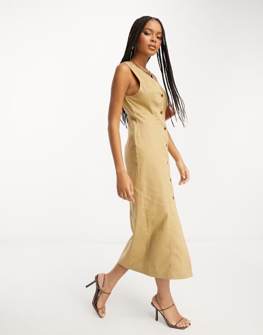 ASOS DESIGN twill midi dress with button through in camel