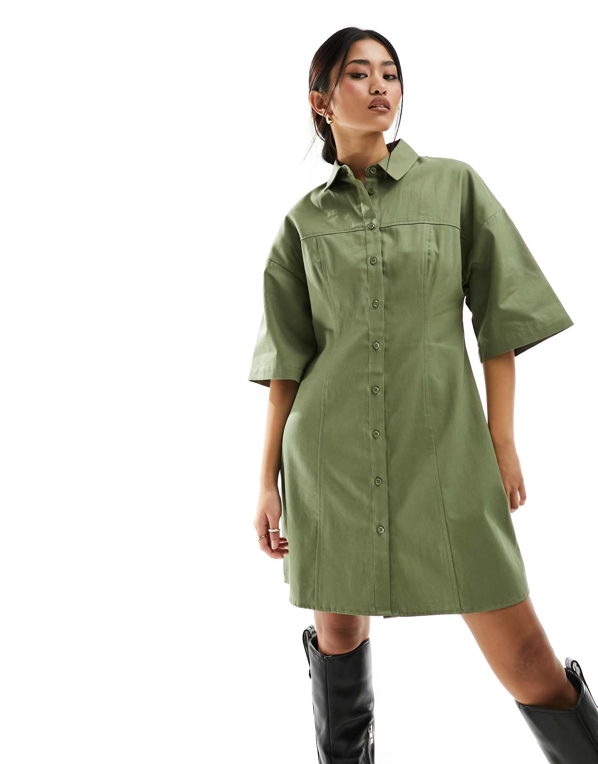 asos design twill mini shirt dress in khaki