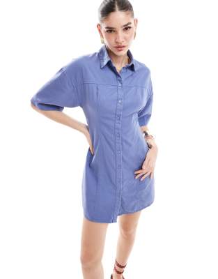 twill mini shirt dress in mid blue