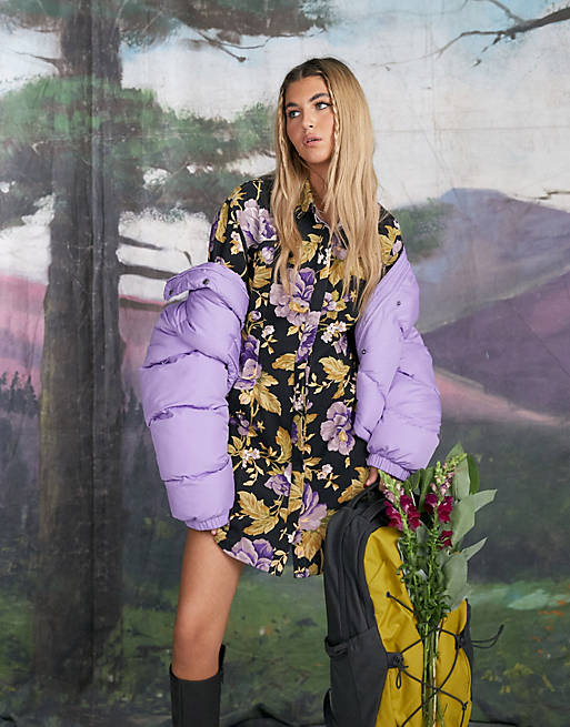 ASOS DESIGN twill mini shirt dress in purple floral print