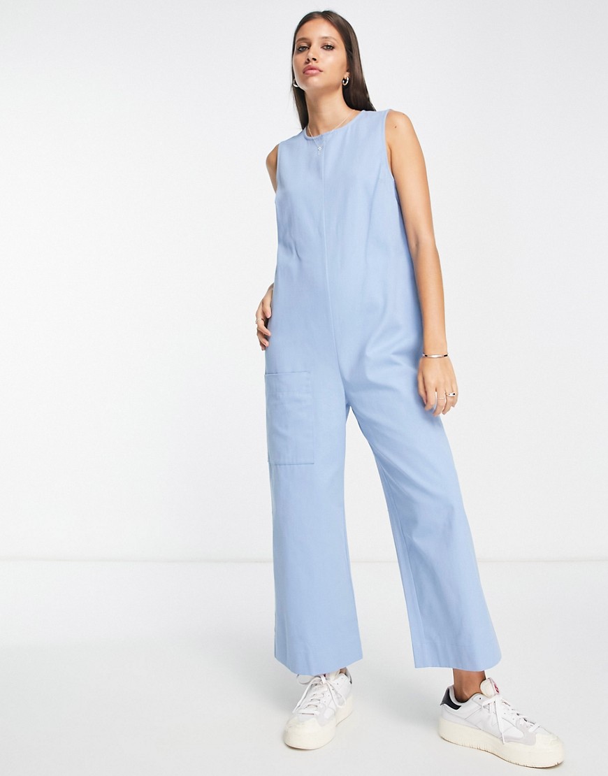 ASOS DESIGN twill minimal sleeveless jumpsuit with pockets in blue