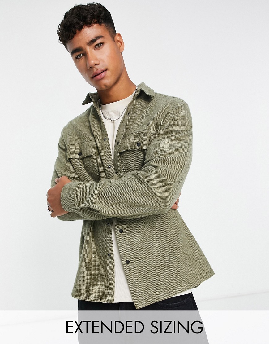 ASOS DESIGN twill overshirt in khaki with snap buttons-Green