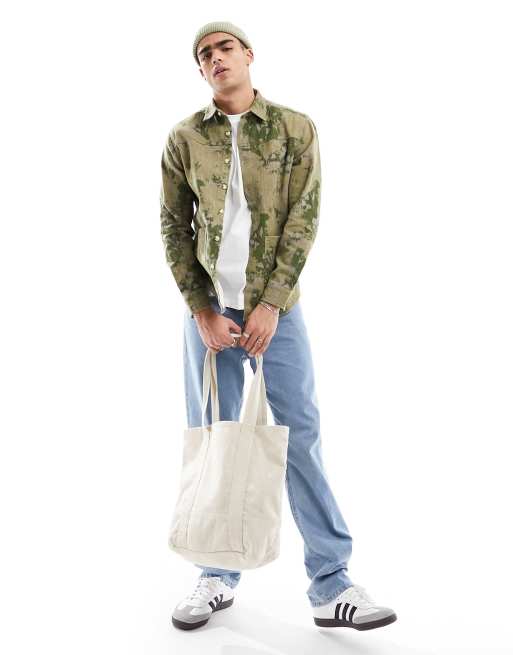 ASOS DESIGN twill overshirt in sage green abstract floral print