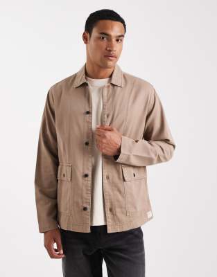 Asos Design Twill Overshirt With Badge Detail In Brown