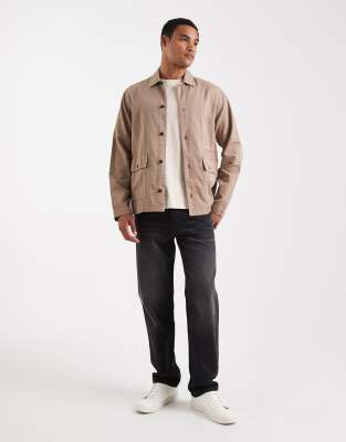 Asos Design Twill Overshirt With Badge Detail In Brown