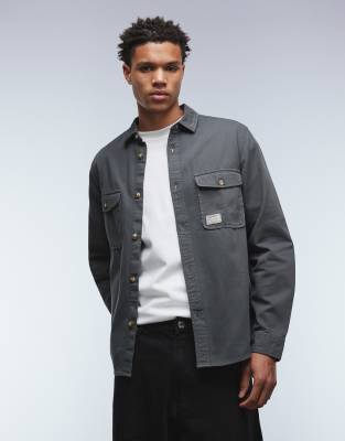 Asos Design Twill Overshirt With Badge In Gray