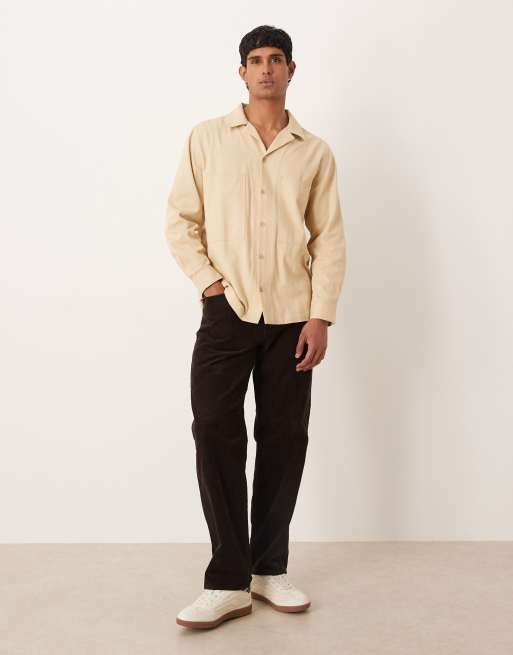 ASOS DESIGN twill overshirt with camp collar in stone, 2 of 5