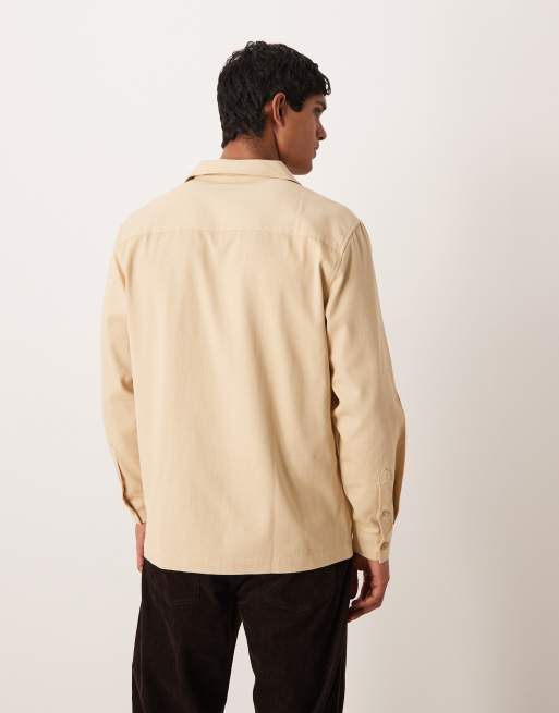 ASOS DESIGN twill overshirt with camp collar in stone, 3 of 5