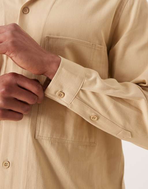 ASOS DESIGN twill overshirt with camp collar in stone, 5 of 5