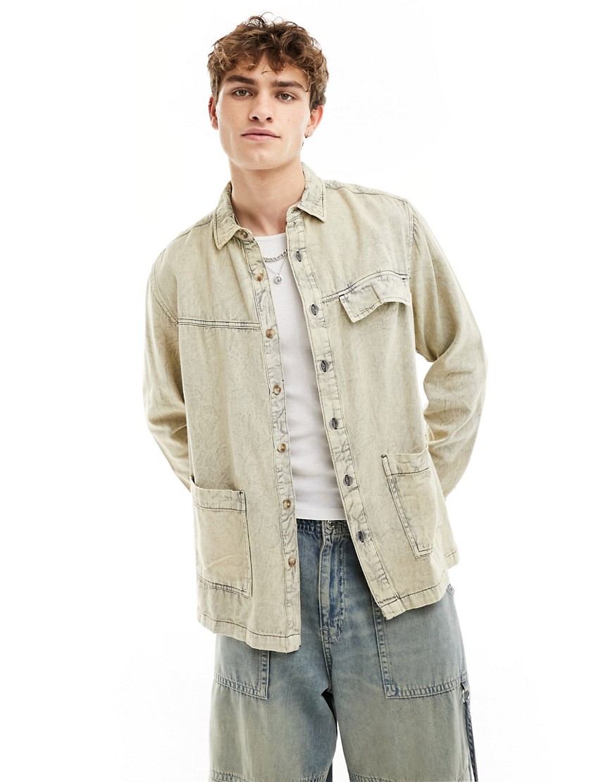 ASOS DESIGN twill overshirt with double pockets in washed stone-Neutral