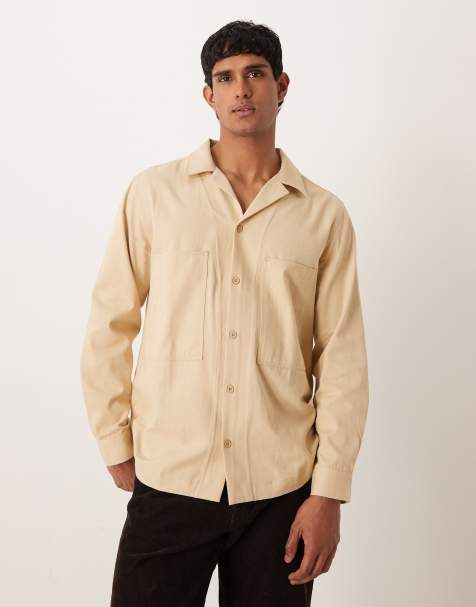 ASOS DESIGN twill overshirt with revere collar in stone