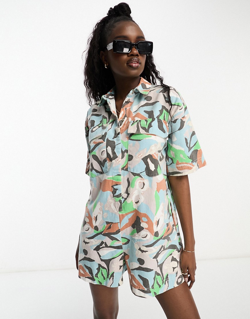 Asos Design Twill Oversized Romper Playsuit In Abstract Print-Multi