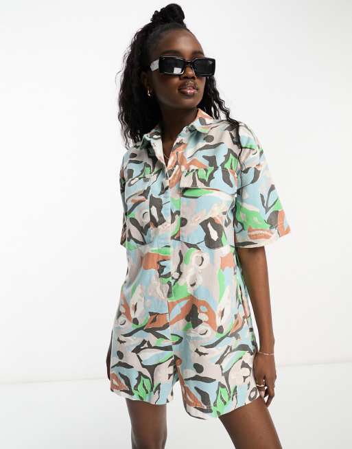 ASOS DESIGN twill oversized romper playsuit in abstract print