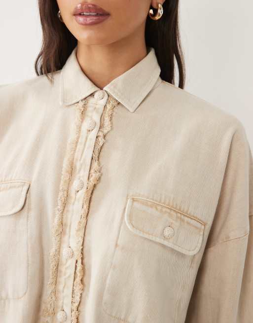 ASOS DESIGN twill oversized shirt mini dress with crochet buttons in washed stone, 2 of 4