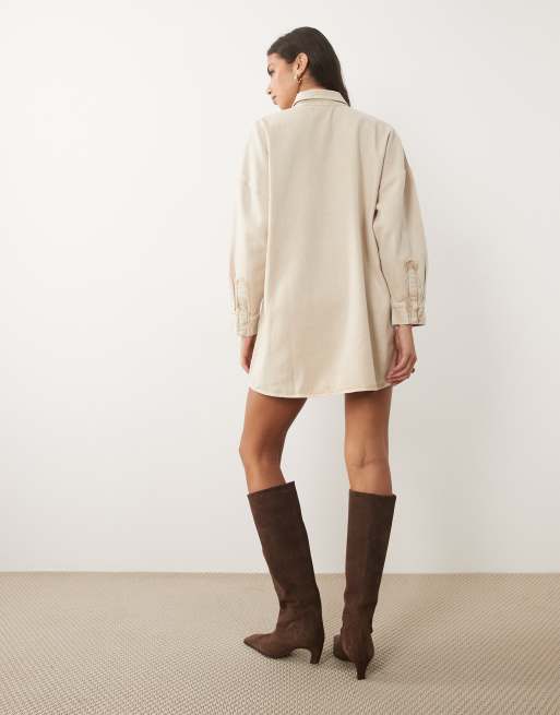 ASOS DESIGN twill oversized shirt mini dress with crochet buttons in washed stone, 3 of 4